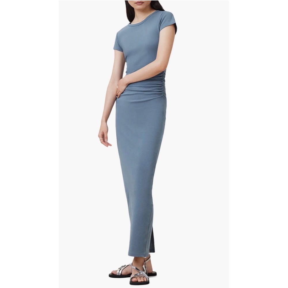 AllSaints Katarina SS Dress Flint Stone Blue Ruched Maxi Bodycon W253DC Size 0